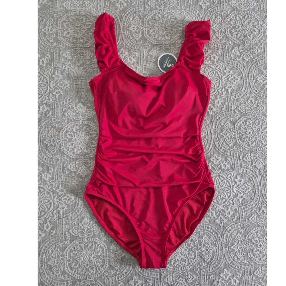 Eomenie Red Ruffled One Piece Swimsuit Ruched Tummy Control Size M NWT